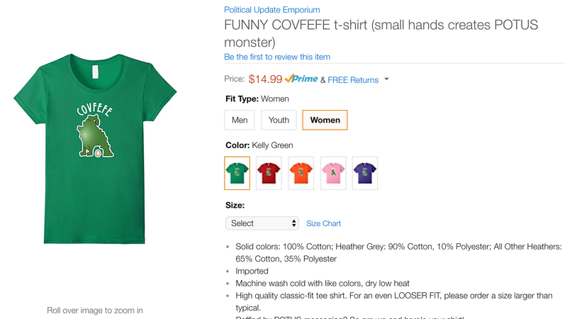 Illustration for article titled Be the Saddest Guy in the Office With Amazon's Embarrassing 'Covfefe' Swag